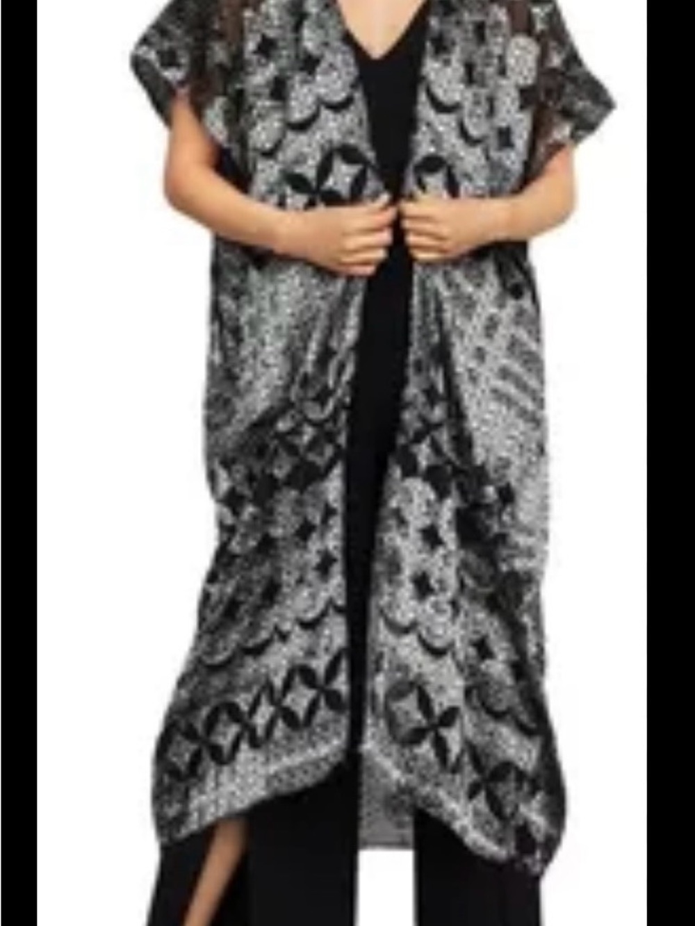 BCBG Black & Silver Patterned Duster Cardigan